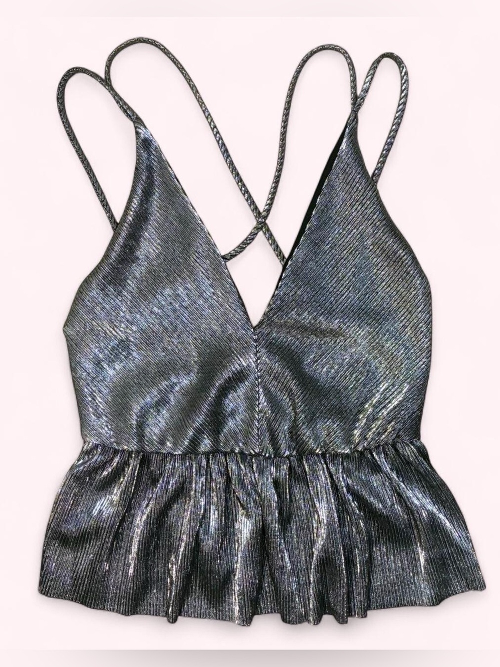 FASHION NOVA Silver Metallic Peplum Cami